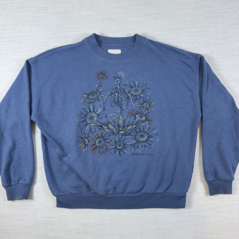 American Eagle Skeleton Flower Graphic Crewneck Sweatshirt Blue Small 1660